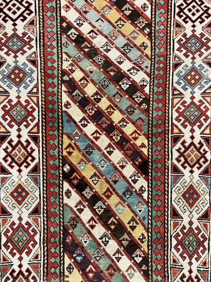 Caucasian Kazak Runner Rug Hand Knotted Wool Antique 1880s Ivory And Multicolor Striped Hallway Rug