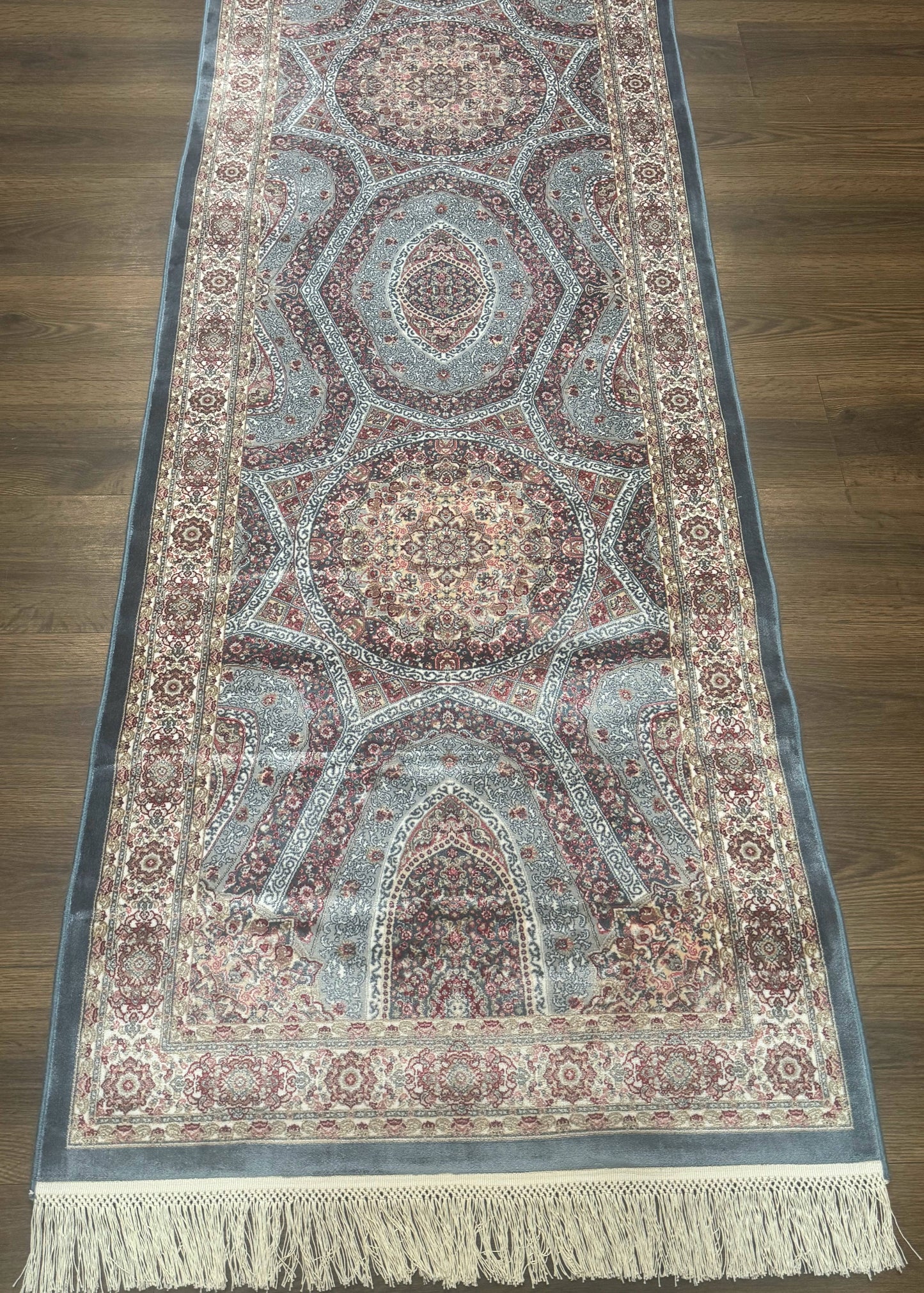 Turkish Silk Runner Rug 2.6 x 13 Blue Dome Design Bamboo Silk New