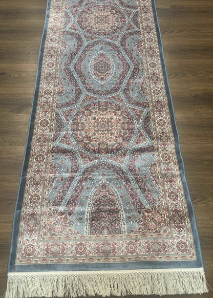 Turkish Silk Runner Rug 2.6 x 13 Blue Dome Design Bamboo Silk New