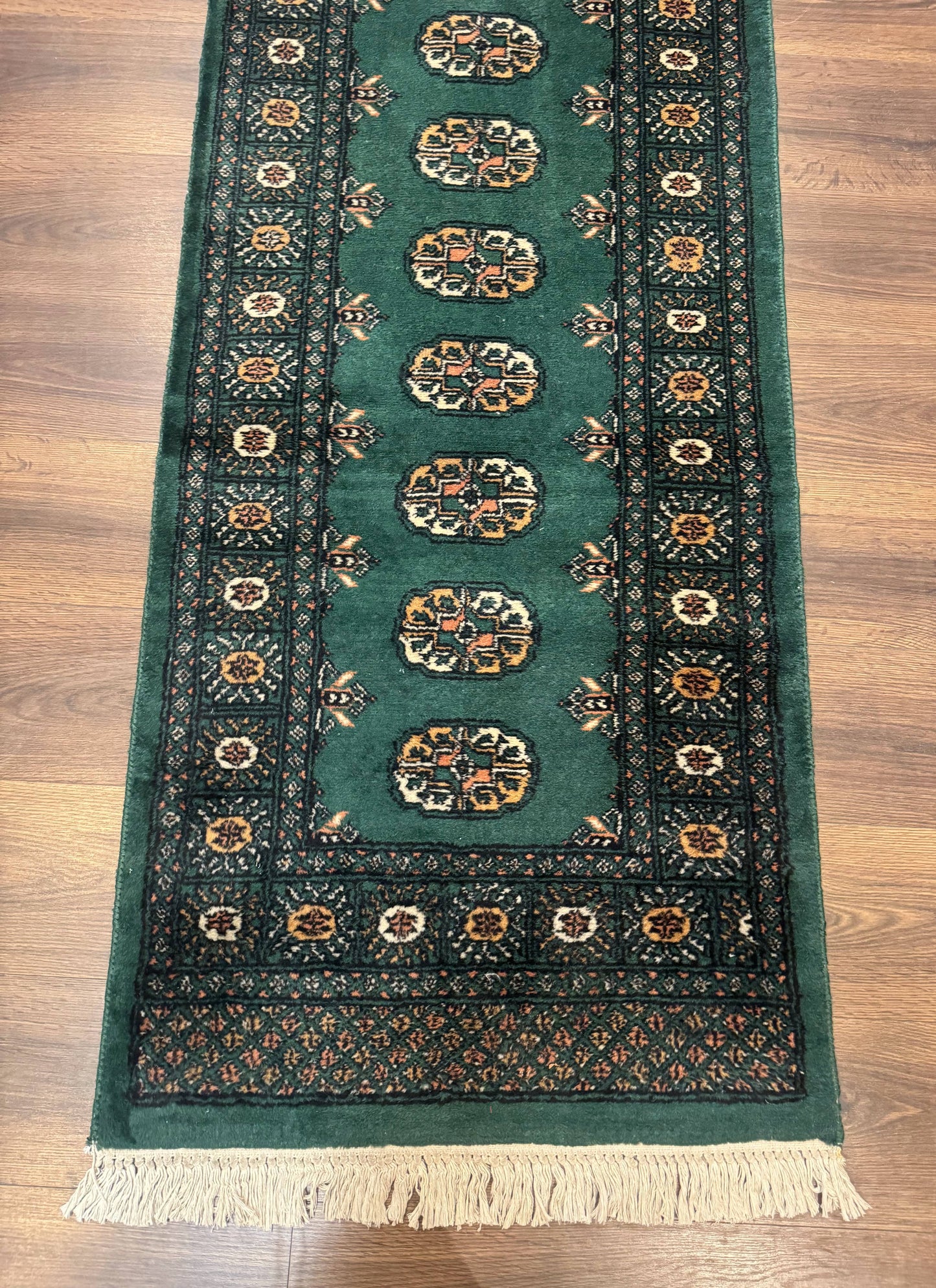 Pakistani Bokhara Runner Rug 2.5x11 Green Wool Hand Knotted Hallway Rug