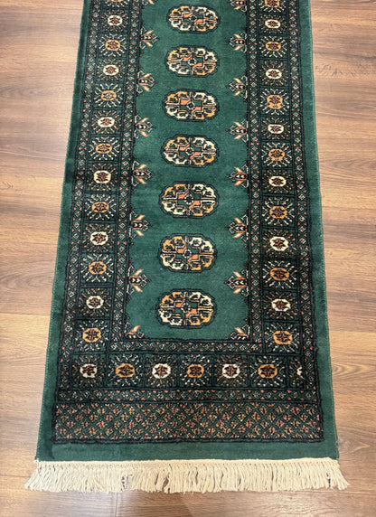 Pakistani Bokhara Runner Rug 2.5x11 Green Wool Hand Knotted Hallway Rug