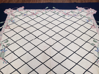 Vintage Wool Dhurrie Rug Handwoven Indian Kilim Flatweave Black White