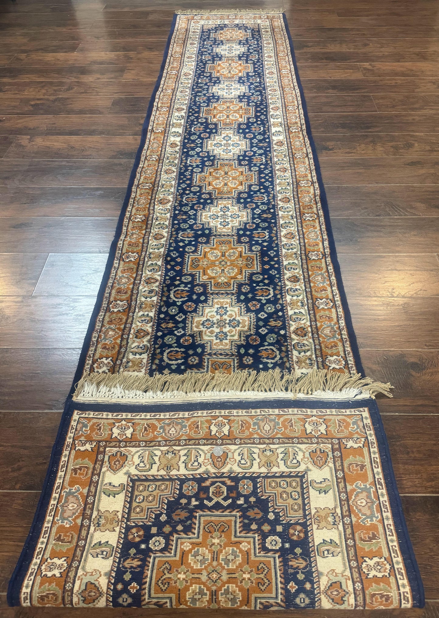 Indo Persian Kashmiri Wool Runner Rug 2.6x12.7 Navy Blue Geometric Medallions Handmade