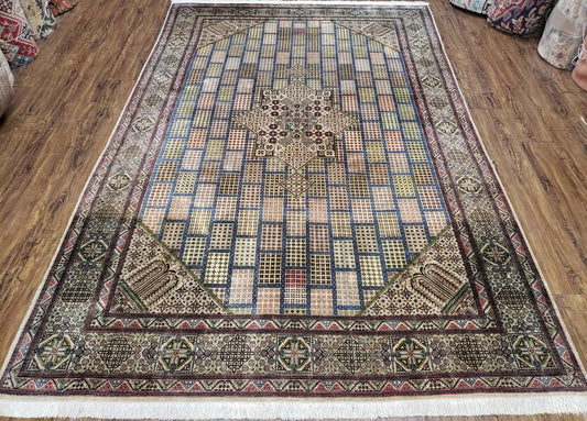 Hand Knotted Silk Rug 6.4 x 9.9 Sino Persian Multicolor Panel Design Vintage