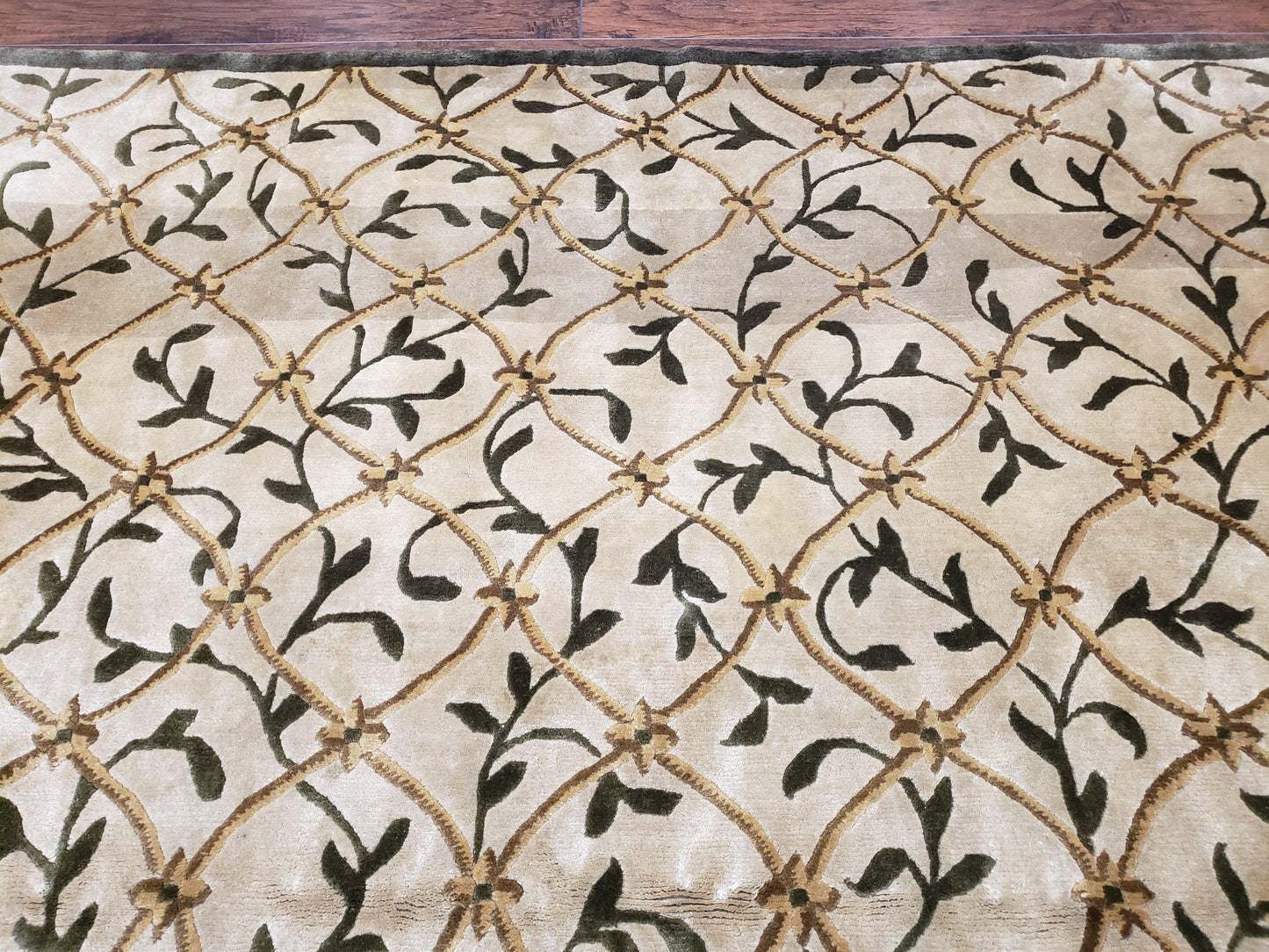 Vintage Tibetan Area Rug 9x12 Hand Knotted Wool Nepali Beige Soft Pile For Living Room