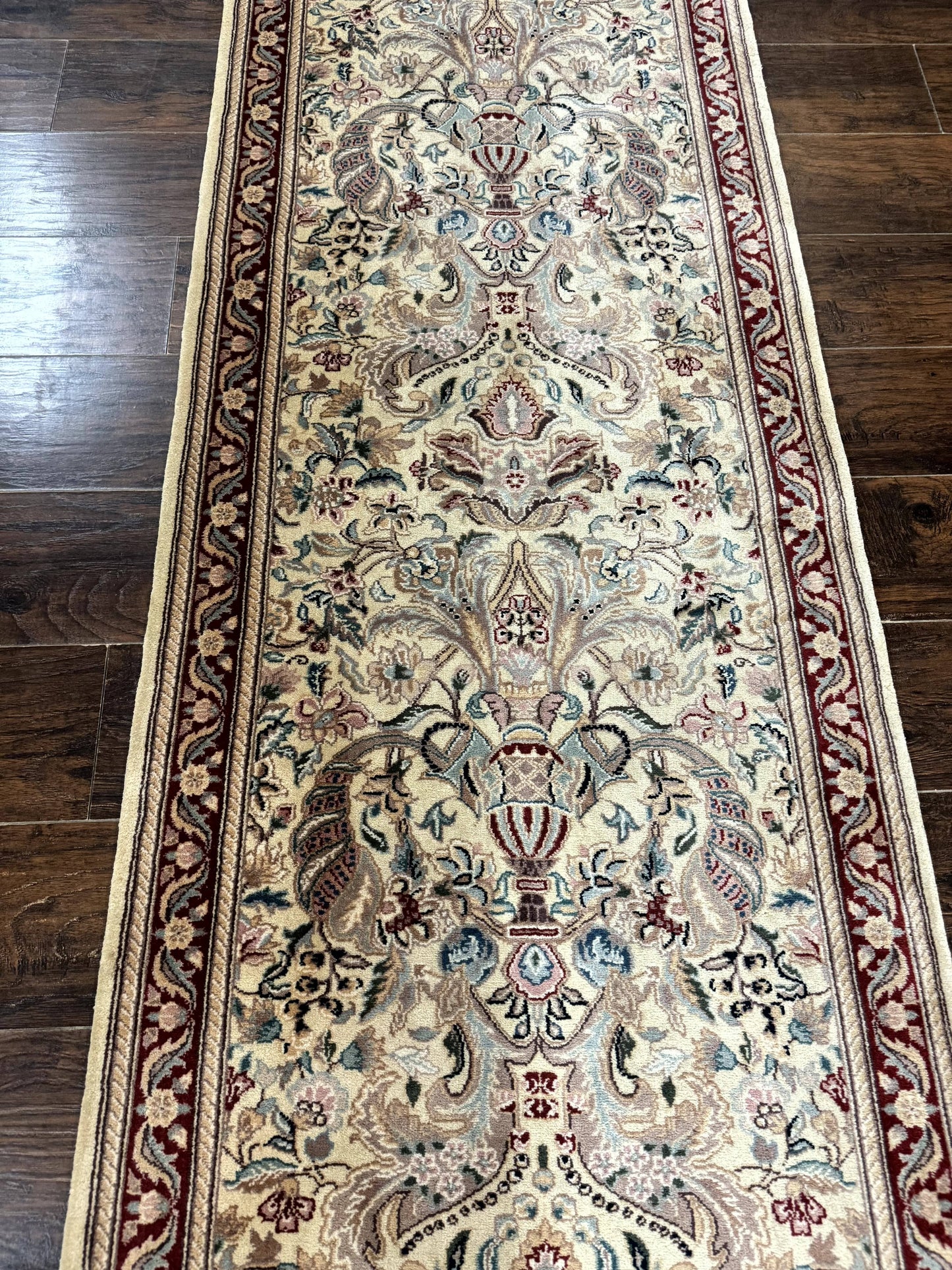 Pakistani Runner Rug 2.8 x 14 Handmade Wool Cream Floral Hallway Accent