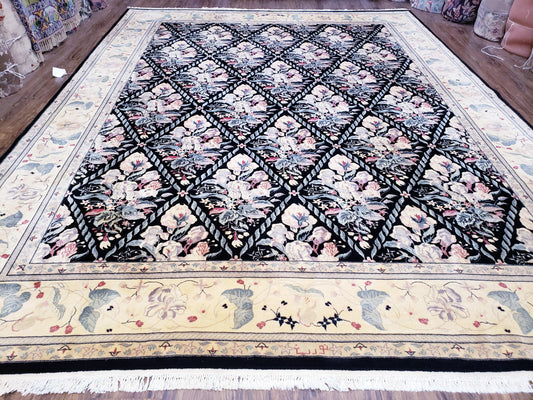 Black Kirman Rug Wool Handmade Floral Oriental Carpet 8x11 Room Size