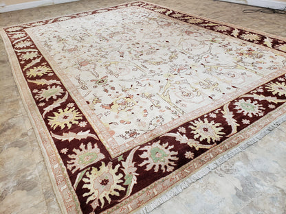 Peshawar Rug Hand Knotted Handmade Wool Oushak Style 10x15 Beige and Maroon Living Room Rug