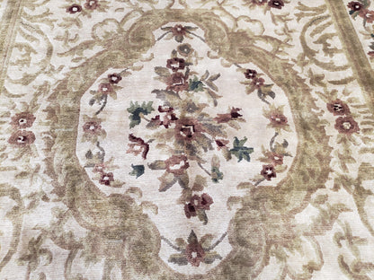 Vintage Nepali Tibetan Aubusson Wool Rug Hand Knotted 6x9 Cream Beige Leaves Floral Pattern