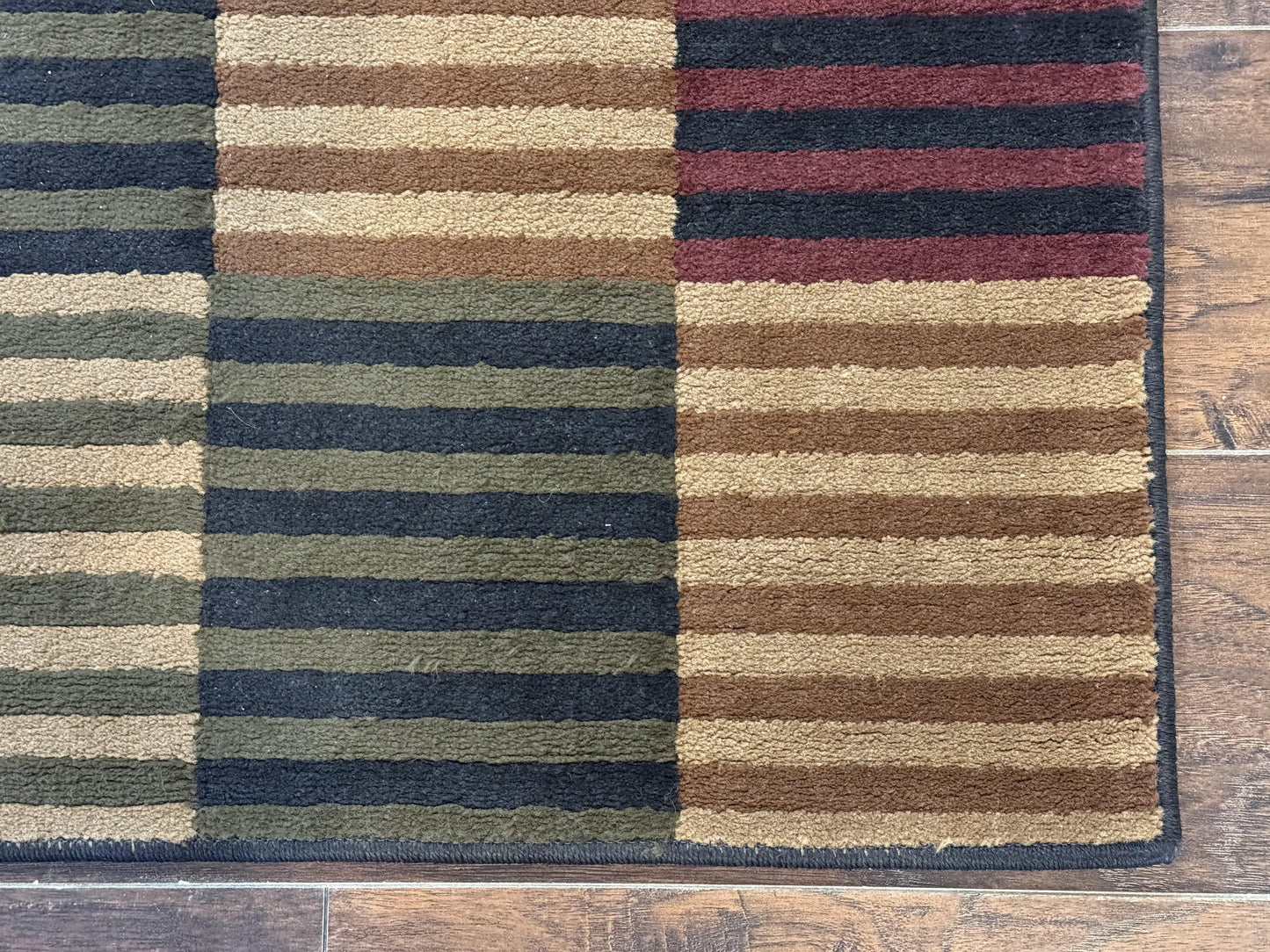 Vintage Power Loomed Wool Rug 3.6 X 5 Box Design In Brown Beige Black Tan