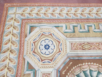 Needlepoint Wool Rug Handmade 8x14 Flatweave Panel Design For Dining Room