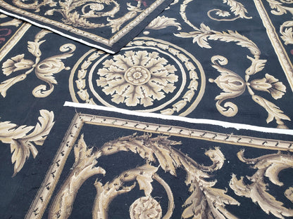 Black And Tan Aubusson Rug 10x14 Handmade Wool Flatweave Decor