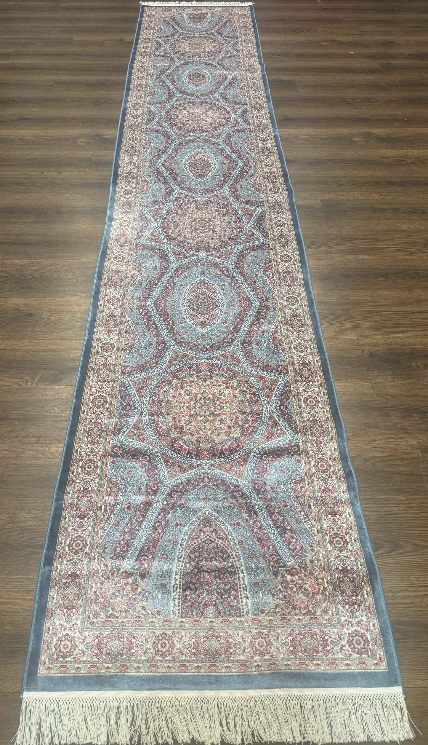 Turkish Silk Runner Rug 2.6 x 13 Blue Dome Design Bamboo Silk New