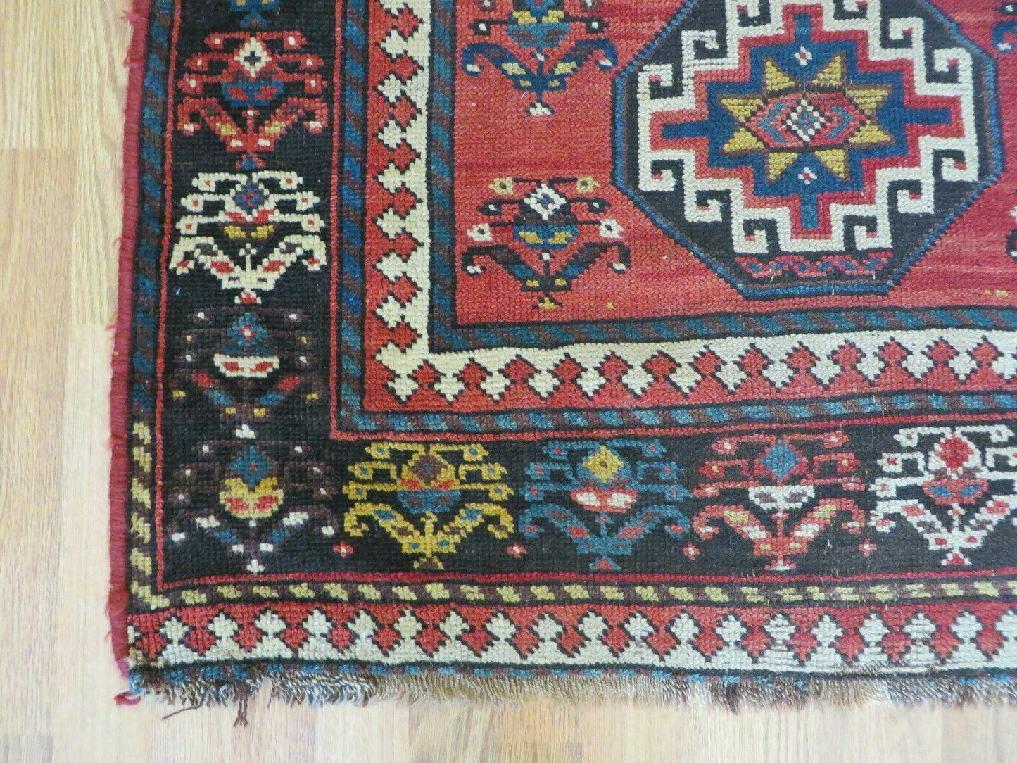 Hand Knotted Caucasian Kazak Wool Runner Rug Antique 1920s Medallion Design