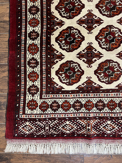 Persian Turkoman Rug Yamud 7x8 Hand Knotted Cream Red Bohemian Tribal Carpet