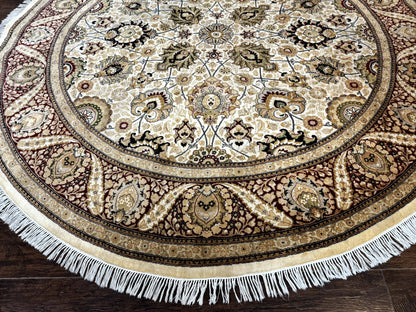 Round Persian Wool Rug 8x8 Handmade Vintage Carpet Beige Dark Red KPSI 270