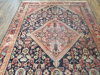 Persian Mahal Rug Antique Hand Knotted Wool 1930s Red Black Boho Foyer 4.4 By 6.6