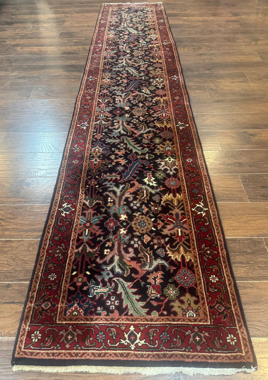 Indo Persian Runner Rug Wool 2.7 X 13 Navy Blue Red Floral Allover