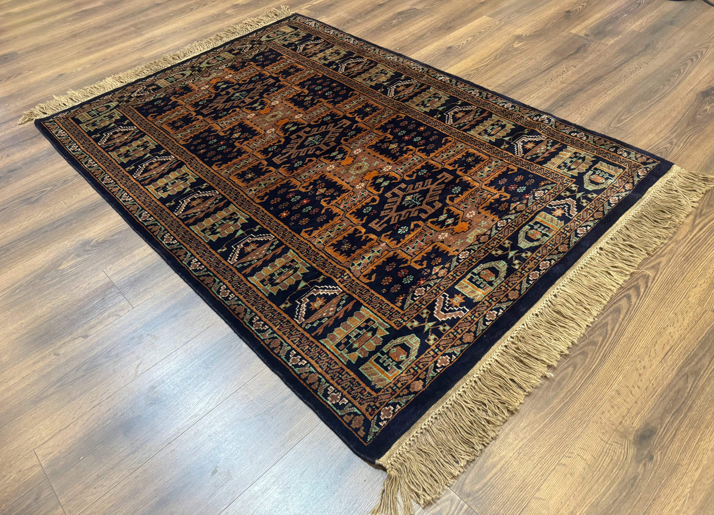 Vintage Afghan Rug 4x6 Hand Knotted Wool Geometric Medallions Navy Blue and Light Brown Tribal Style