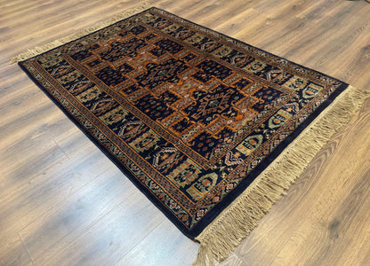 Vintage Afghan Rug 4x6 Hand Knotted Wool Geometric Medallions Navy Blue and Light Brown Tribal Style