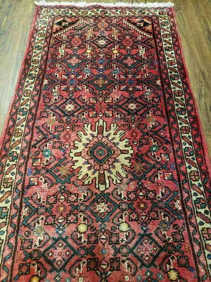 Persian Hamadan Runner Rug 2ft 8in X 13ft 9in Vintage Handmade Wool Red