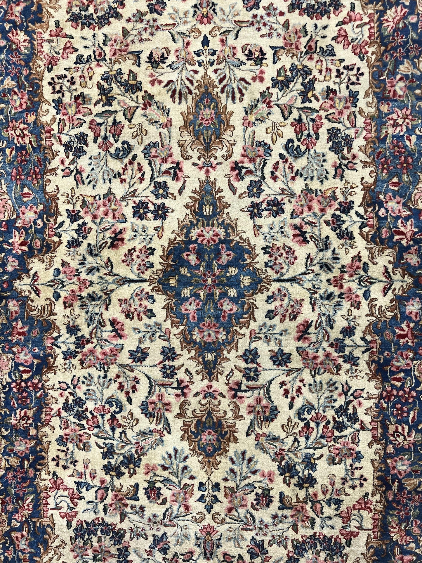 Antique Persian Kirman Rug 4x7 Hand Knotted Wool Floral Carpet Cream And Navy