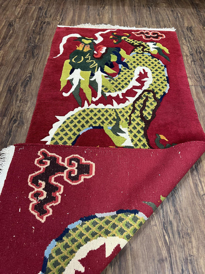 Vintage Chinese Dragon Rug 3x6.8 Handmade Hand Knotted Red Gold Dragon Art Deco Runner