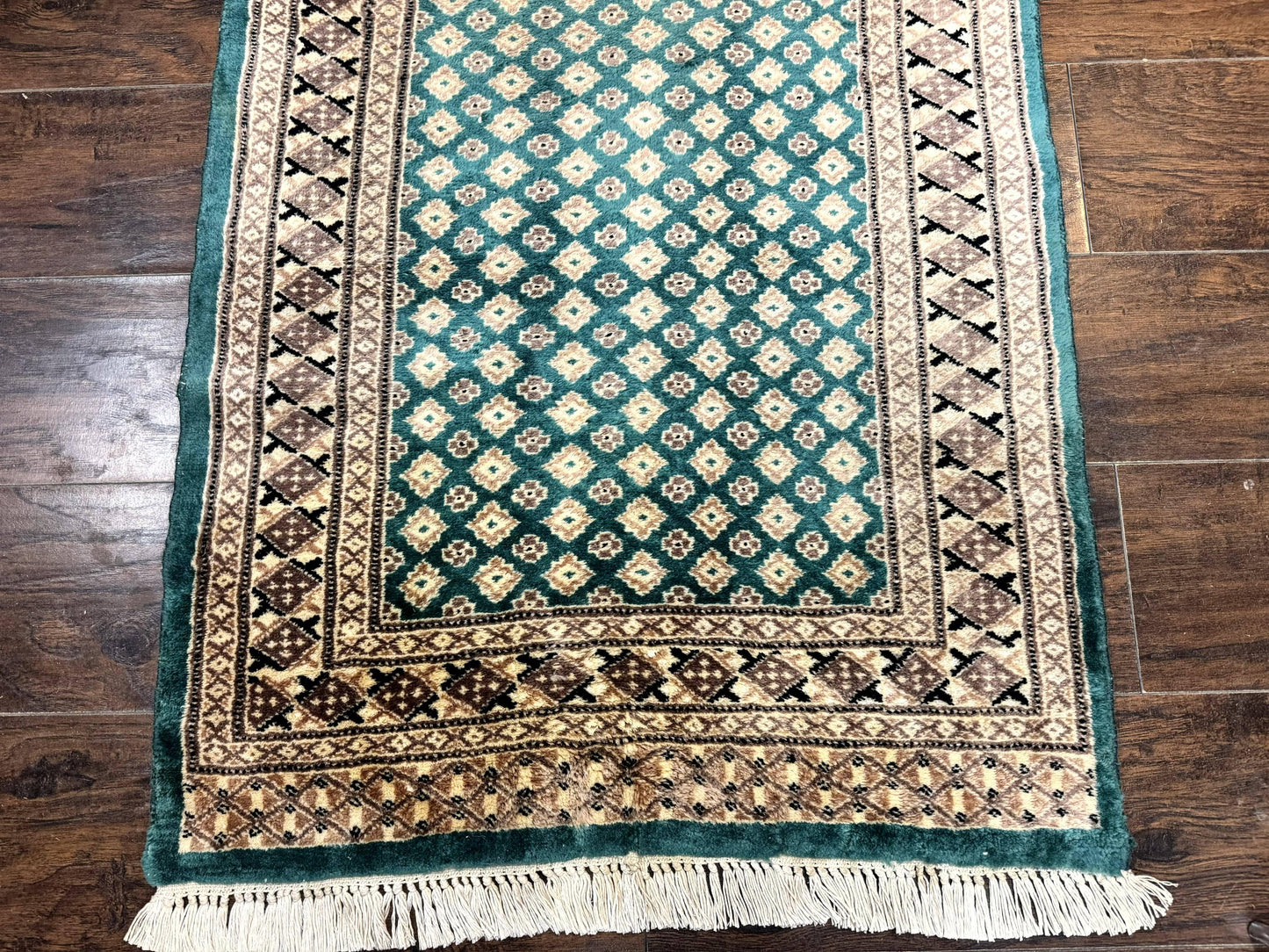 Pakistani Runner Rug 2.8 X 20 Hand Knotted Vintage Wool Turkoman Teal Tan