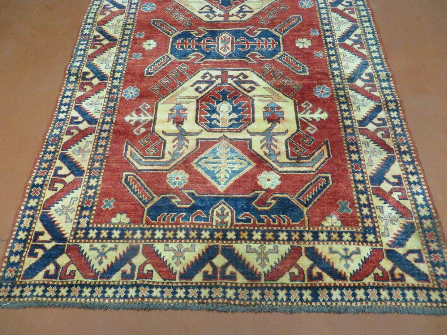 Vintage Turkish Kazak Wool Rug Handmade 4x6 Pattern Carpet Natural Dyes