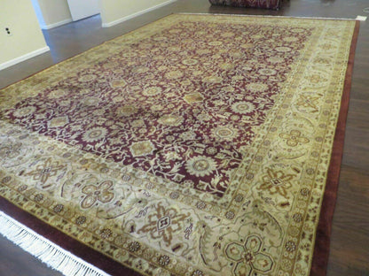 Indian Agra Rug 10x14 Vintage Handmade Wool Carpet Maroon Floral Design