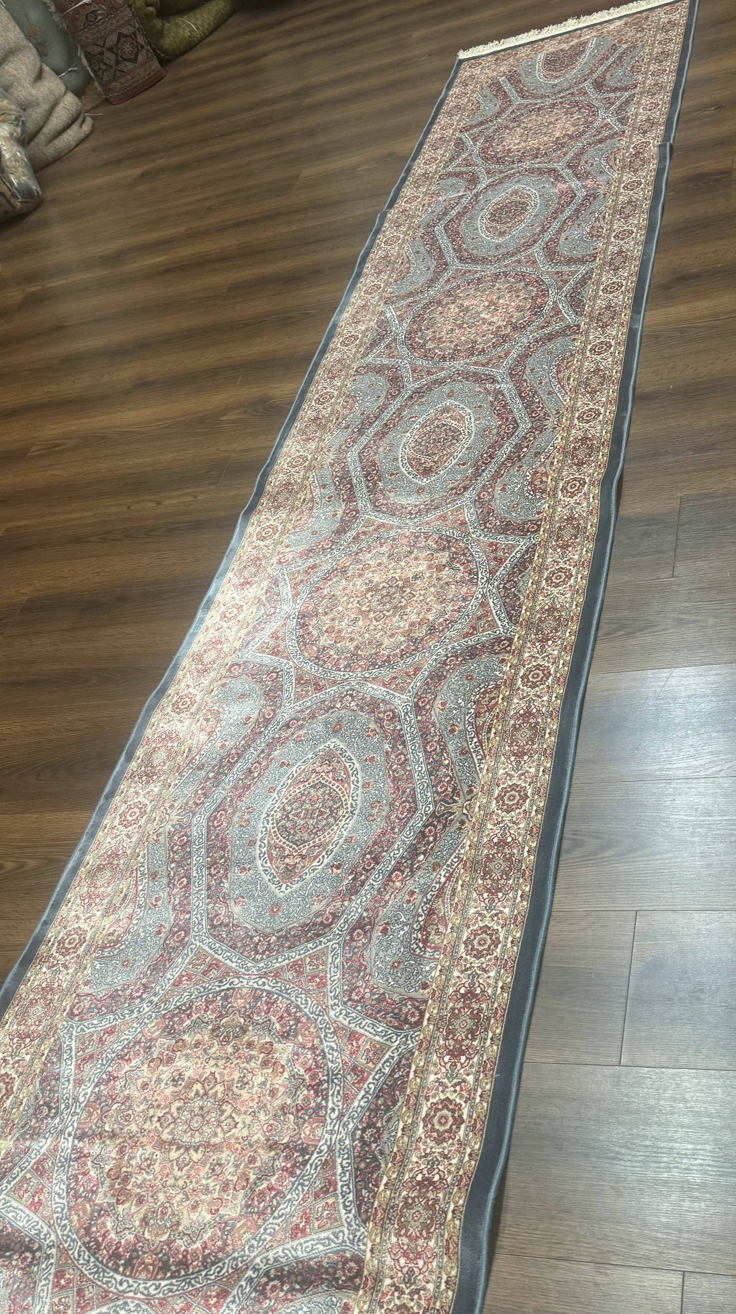 Turkish Silk Runner Rug 2.6 x 13 Blue Dome Design Bamboo Silk New