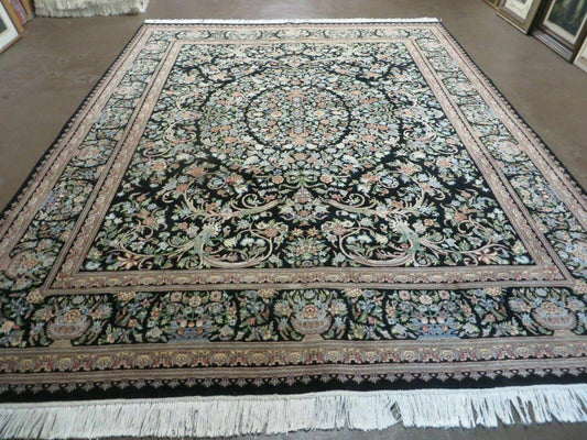 Vintage Handmade Pakistani Floral Wool Rug 8x10 Black Full Pile