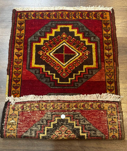 Turkish Yastik Rug 2x3 Antique Red Wool With Double Medallions Geometric Design