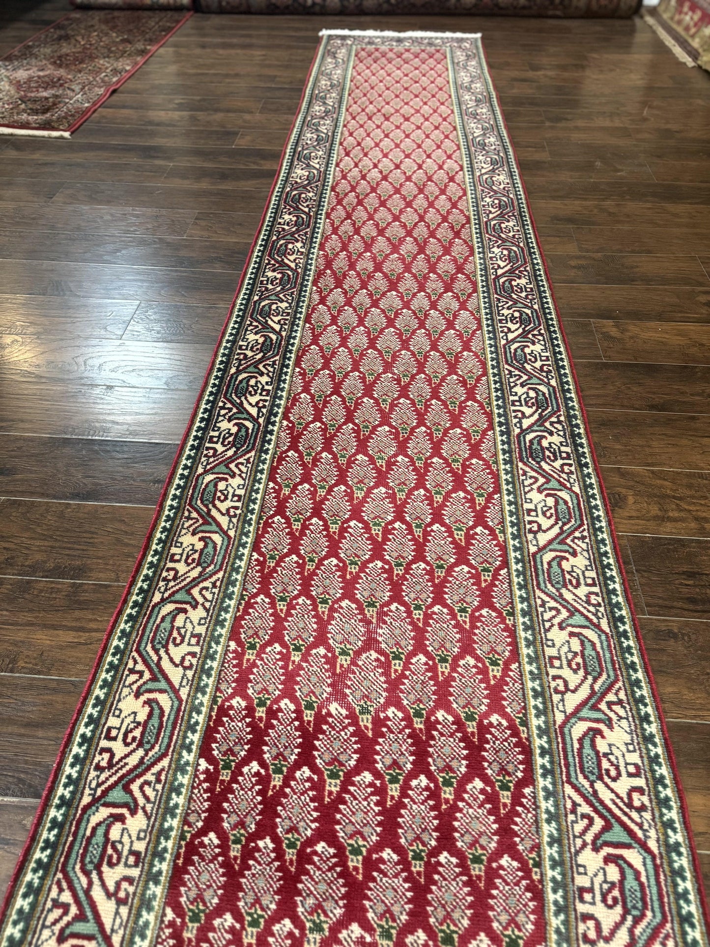 Persian Tabriz Runner Rug 3x16 Wool Hallway Red Cream Paisley Boteh Design