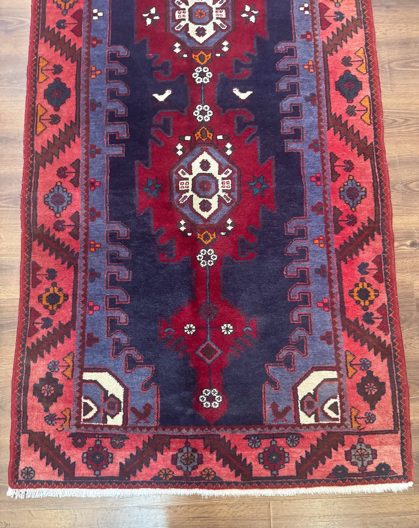 Persian Karajeh Runner Rug Navy Blue Geometric Medallions Handmade 3.6 x 9.5 Feet