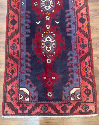 Persian Karajeh Runner Rug Navy Blue Geometric Medallions Handmade 3.6 x 9.5 Feet