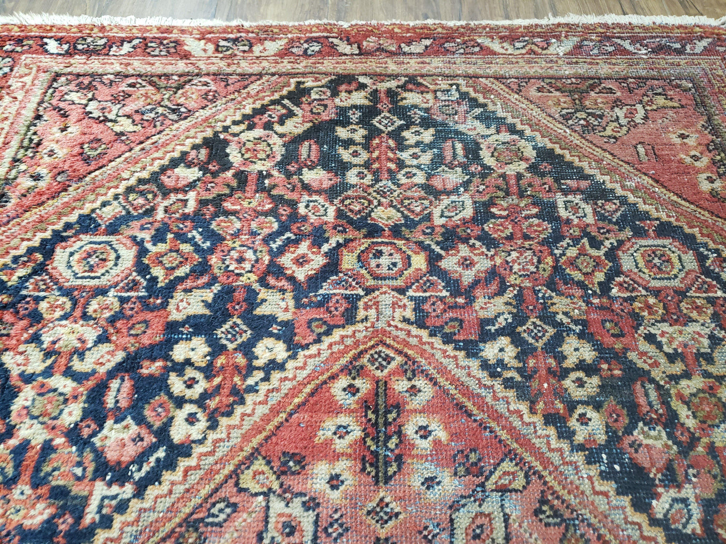 Persian Mahal Rug Antique Hand Knotted Wool 1930s Red Black Boho Foyer 4.4 By 6.6