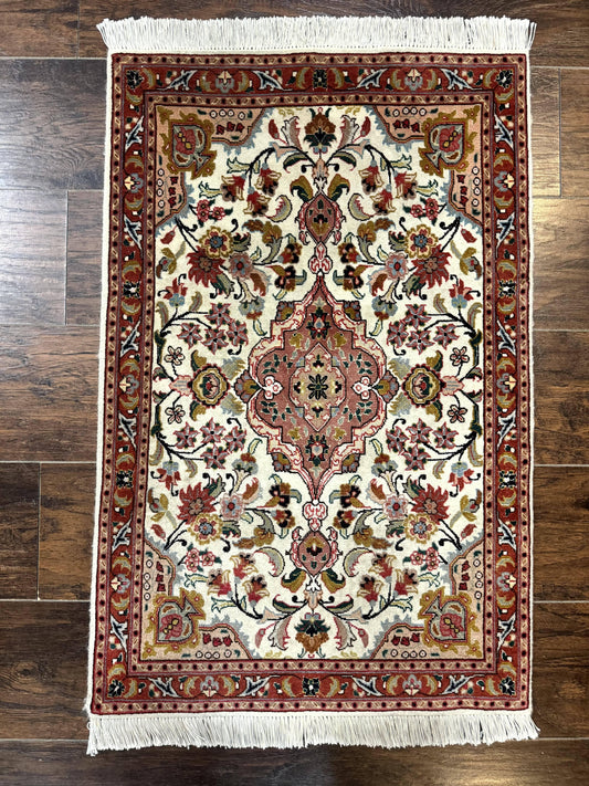 Small Persian Tabriz Rug 2x3 Floral Medallion Wool Silk Handmade Hand Knotted