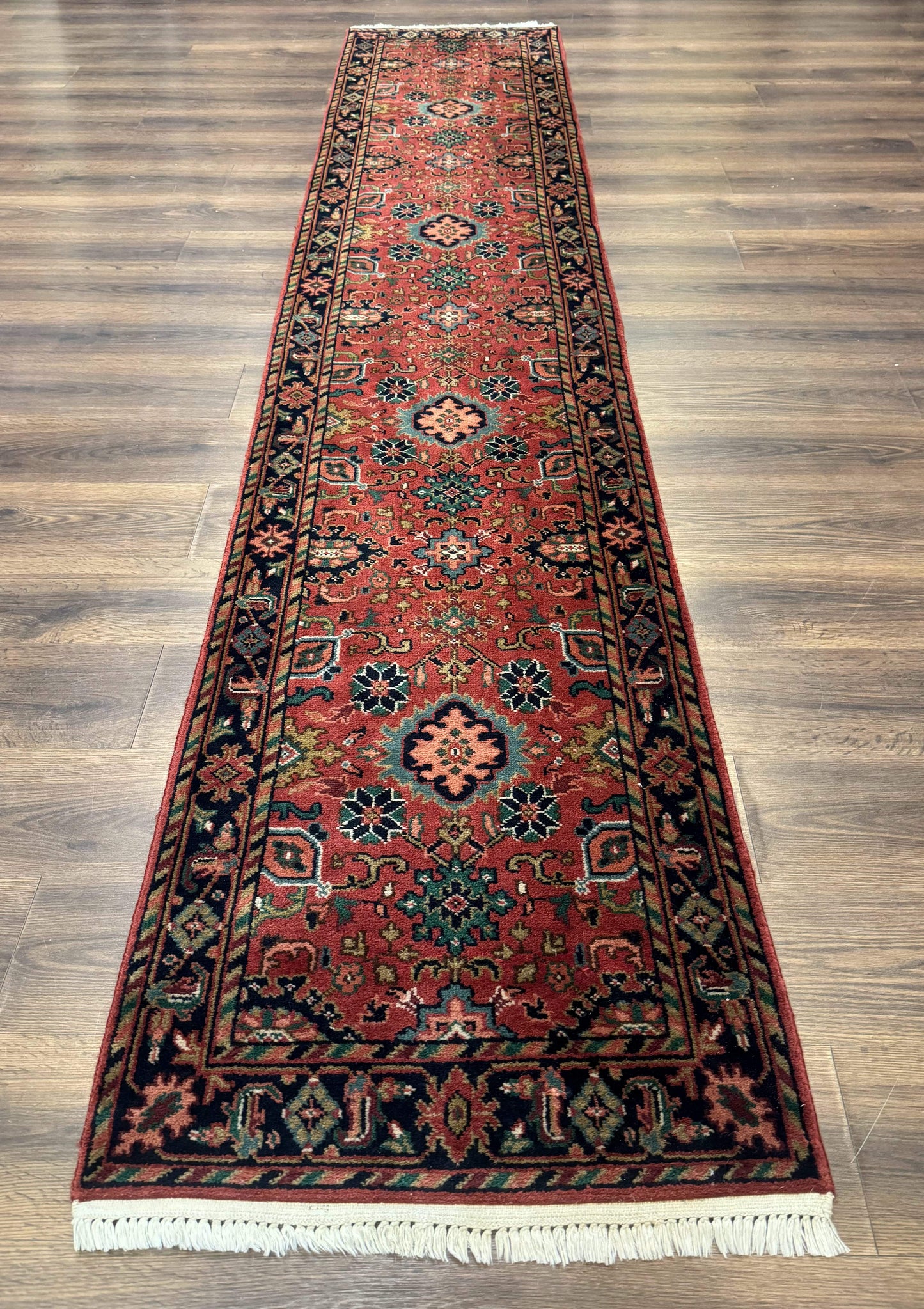 Indo Persian Heriz Runner Rug 2x12 Hand Knotted Wool Hallway Rug Red And Black