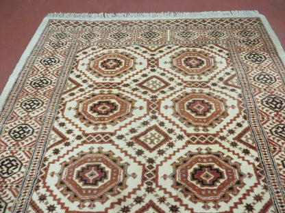 Vintage Turkoman Bokhara Wool Rug 4x7 Handmade Pakistani Ivory