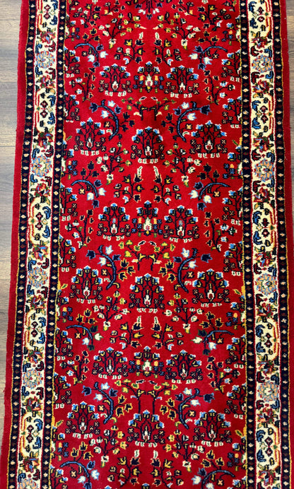 Indo Persian Sarouk Runner Rug 3x12 Hand Knotted Vintage Red And Cream Allover Pattern