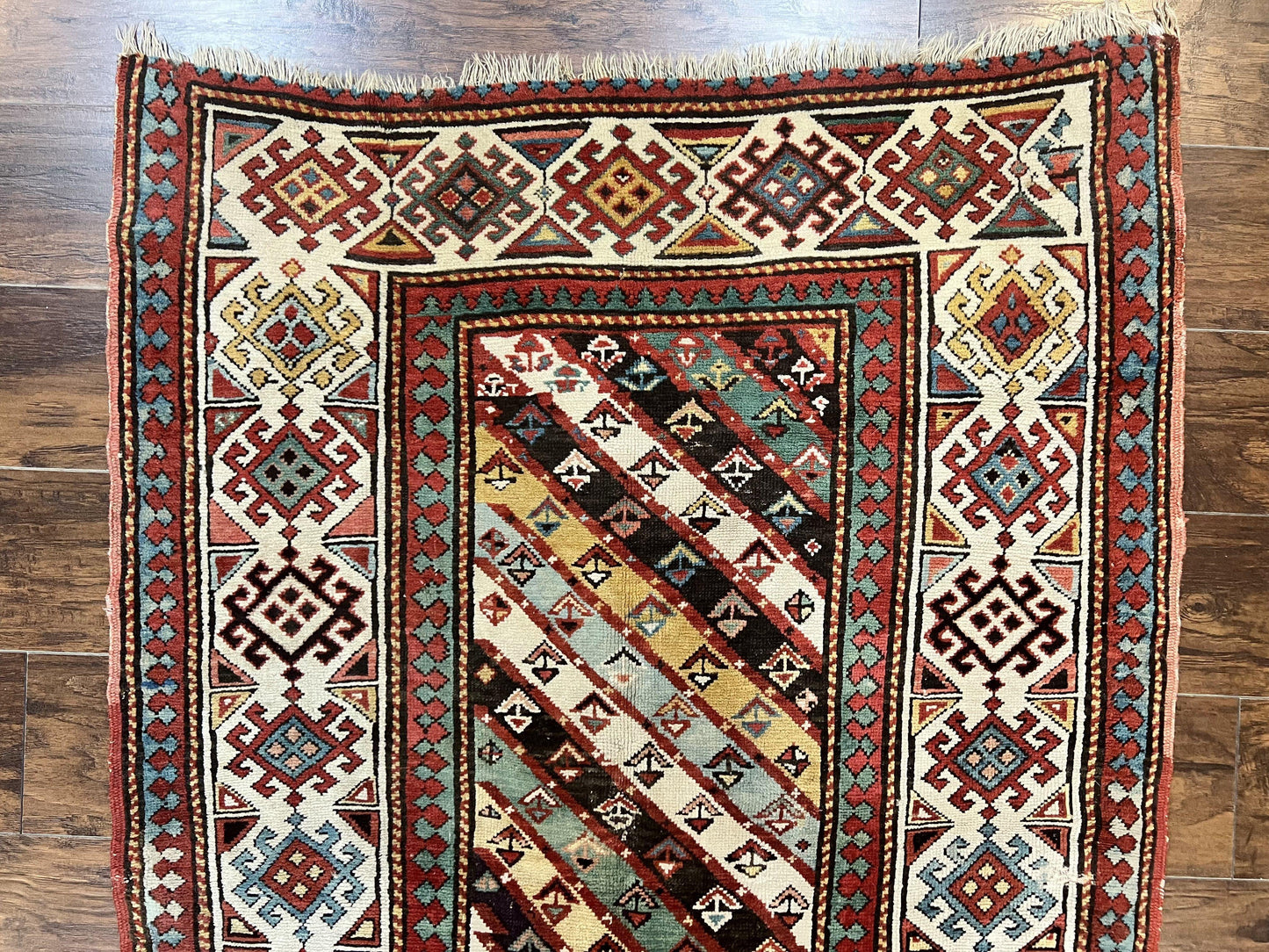 Caucasian Kazak Runner Rug Hand Knotted Wool Antique 1880s Ivory And Multicolor Striped Hallway Rug