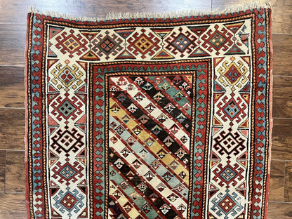 Caucasian Kazak Runner Rug Hand Knotted Wool Antique 1880s Ivory And Multicolor Striped Hallway Rug