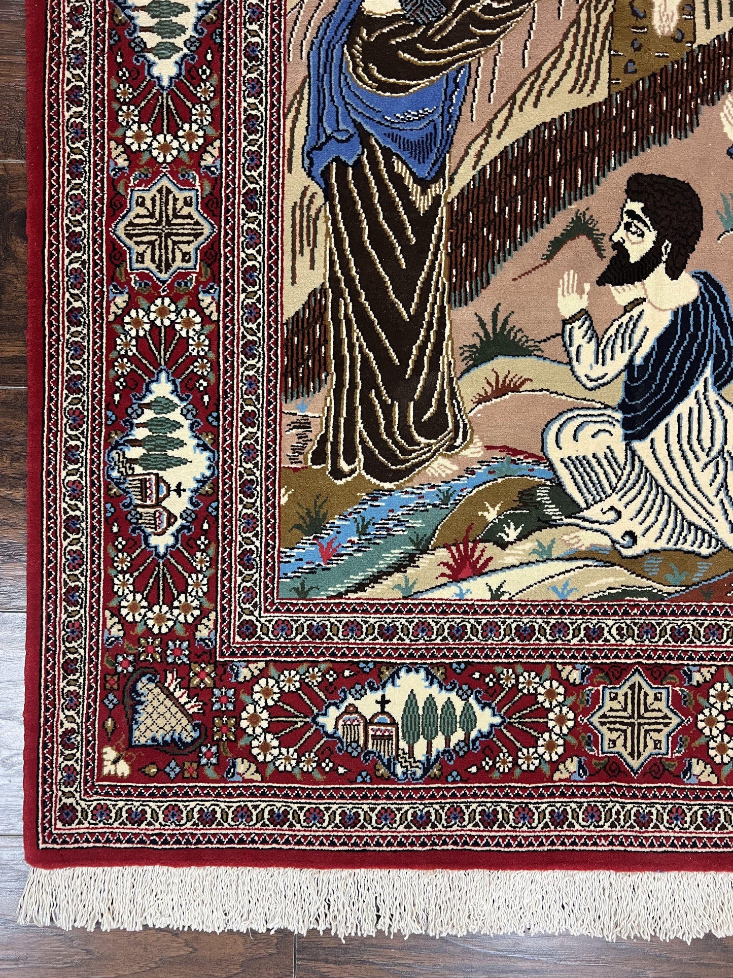 Persian Kashan Pictorial Rug 3x5 Jesus On Cross Handwoven Wool