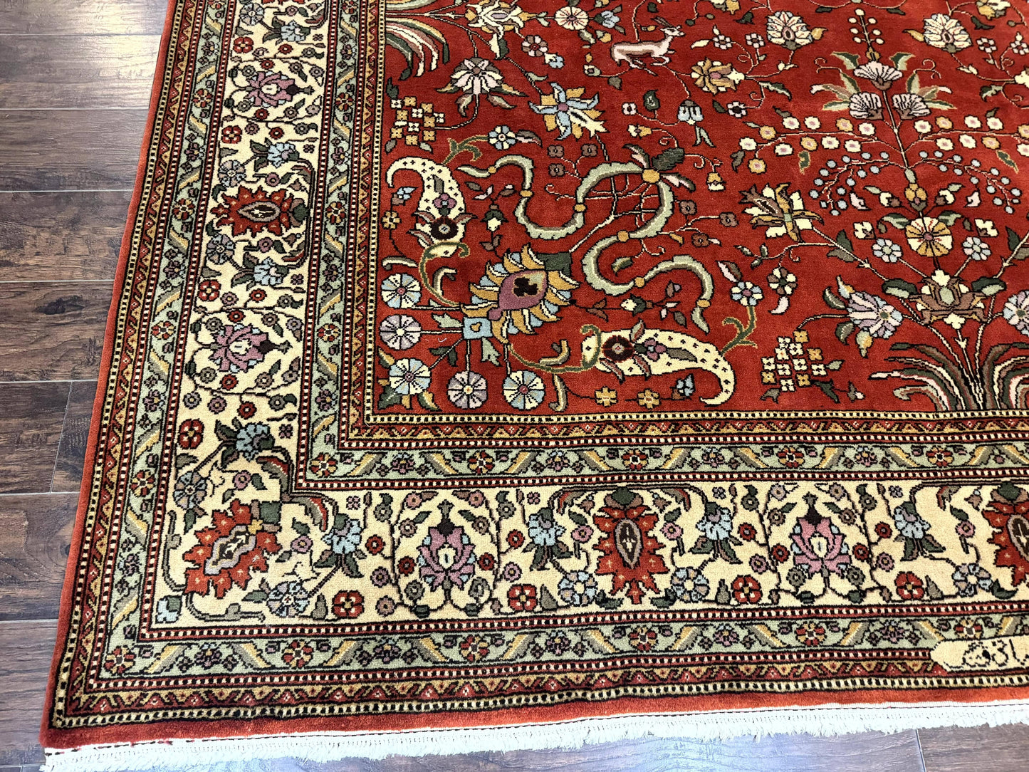 Romanian Rug Vintage Hand Knotted Wool Carpet 10x13 Floral Birds Red Cream Signed Masterweaver