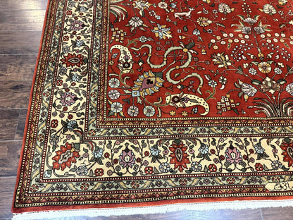 Romanian Rug Vintage Hand Knotted Wool Carpet 10x13 Floral Birds Red Cream Signed Masterweaver