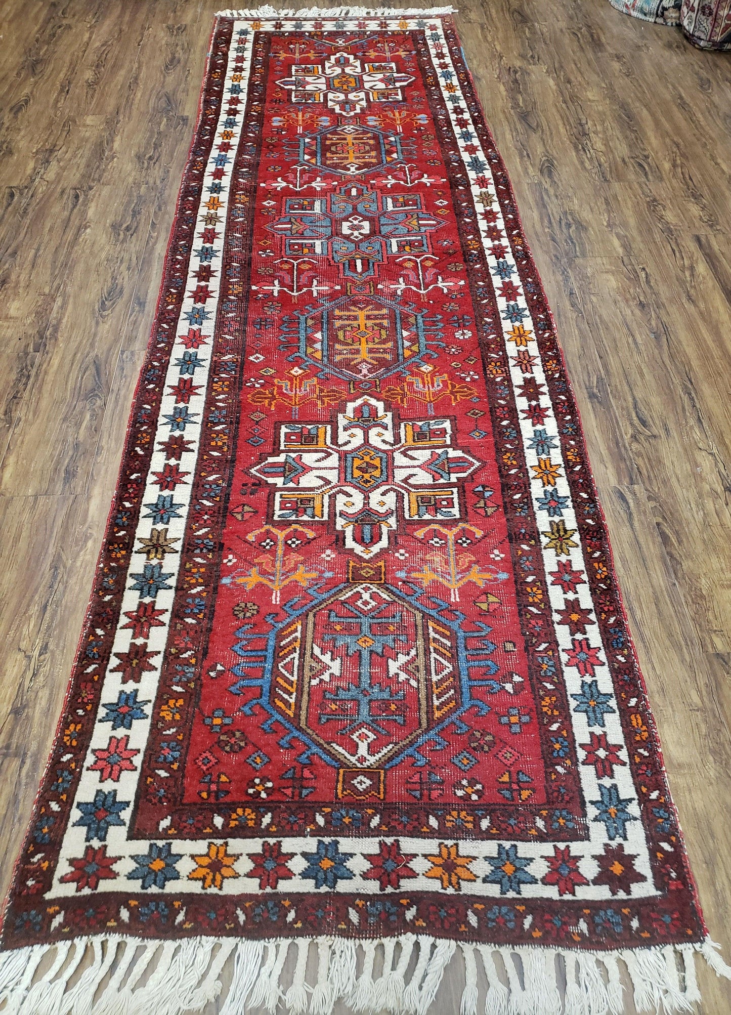 Antique Persian Heriz Karajeh Runner Rug Hand Knotted Wool Red 3 Ft 3 In By 10 Ft 11 In