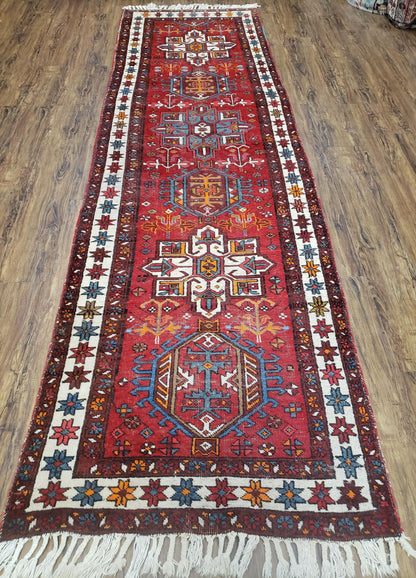 Antique Persian Heriz Karajeh Runner Rug Hand Knotted Wool Red 3 Ft 3 In By 10 Ft 11 In