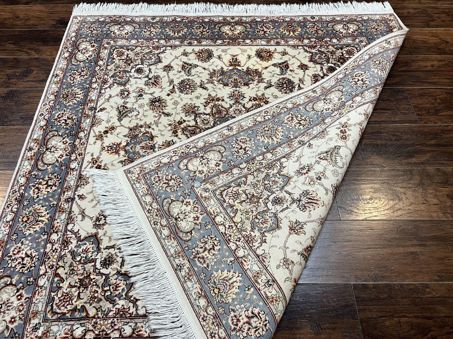 Sino Persian Square Rug 5x5 Hand Knotted Wool Silk Ivory Vintage Oriental Carpet