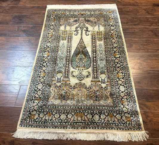 Kashmiri Silk Rug 3x4 Handmade Silk Prayer Rug 400 KPSI Premium Quality
